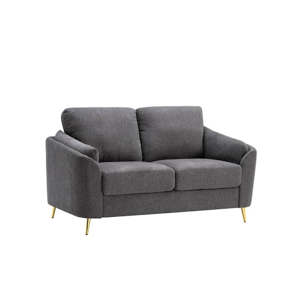 Benjara 34.5 in. Gray and Gold Solid Polyester 2-Seater Loveseat with Metal Legs