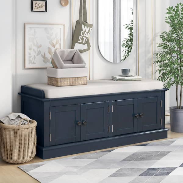 Qualler Antique Navy Storage Bench with 4-Doors and Adjustable