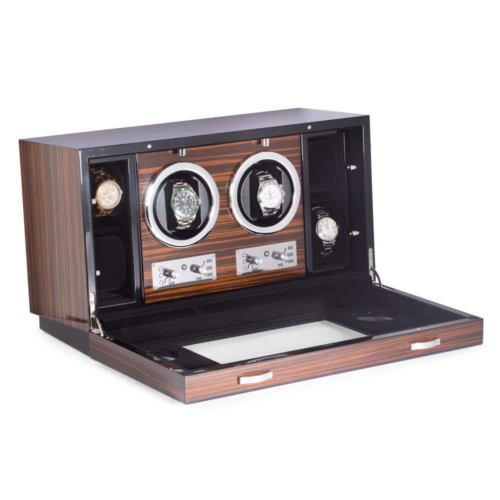 Ebony Burlwood 2-Watch Winder and 4-Storage Case with Glass Face