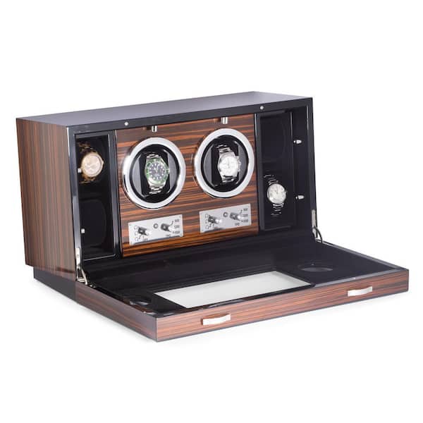 "Ebony" Burlwood 2-Watch Winder and 4-Storage Case with Glass Face