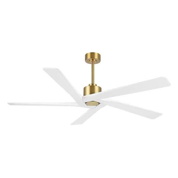 MLiAN 72 in. DC Indoor White and Gold Ceiling Fan without Lights, 5 Reversible Carved Solid Wood Blades Remote Control