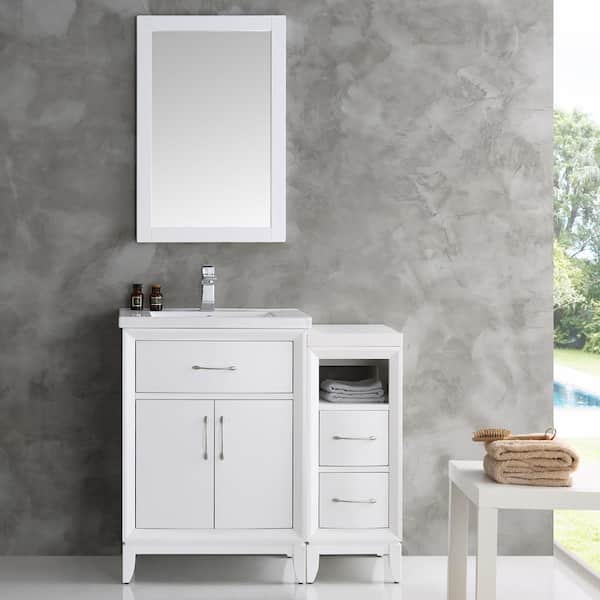 Cambridge 35.5 in. Vanity in White with Porcelain Vanity Top in White with White Ceramic Basin and Mirror