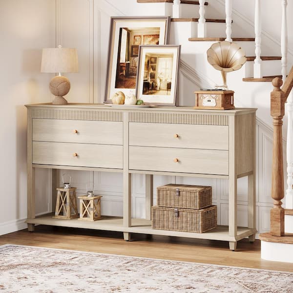 Turrella 63 in. Beige Rectangle Wood Console Table with Drawers, Long Sofa Tables for Living Room