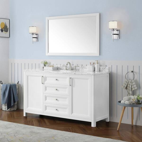 Home Decorators Collection Sandon 60 in. W x 22 in. D Bath Vanity in White with Marble Vanity Top in Carrara White with White Basin