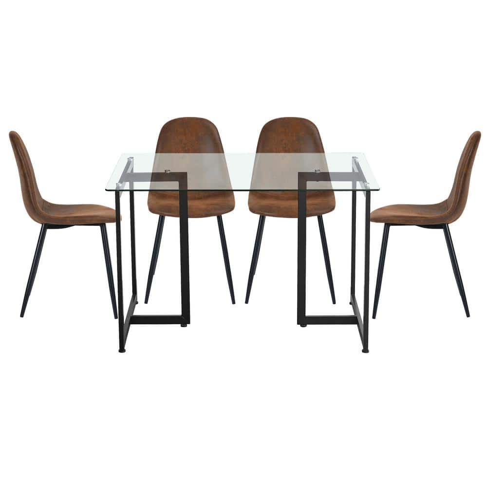 Homy Casa Slip Charlton Brown 5Pcs Dining Set with Glass Top Black Leg