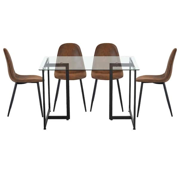 Homy Casa Slip Charlton Brown 5-Pcs Dining Set with Glass Top Black Leg Table and Suede Upholstered Chairs