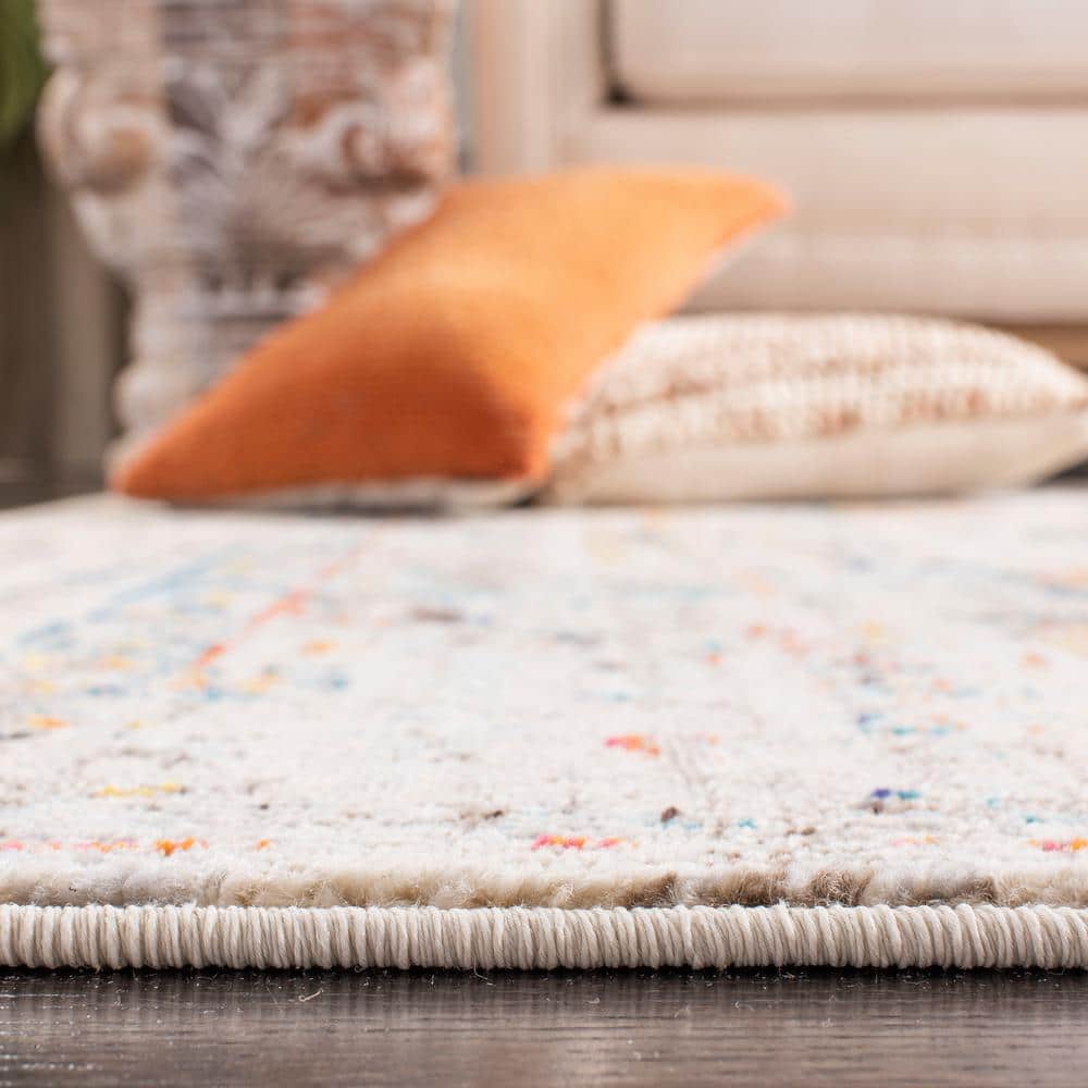 Cream and Blue Vintage Distressed Synthetic Area Rug
