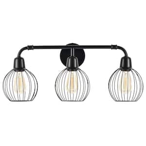 25 in. 3-Light Black Industrial Vanity Light Wall Sconce with Cage Shades