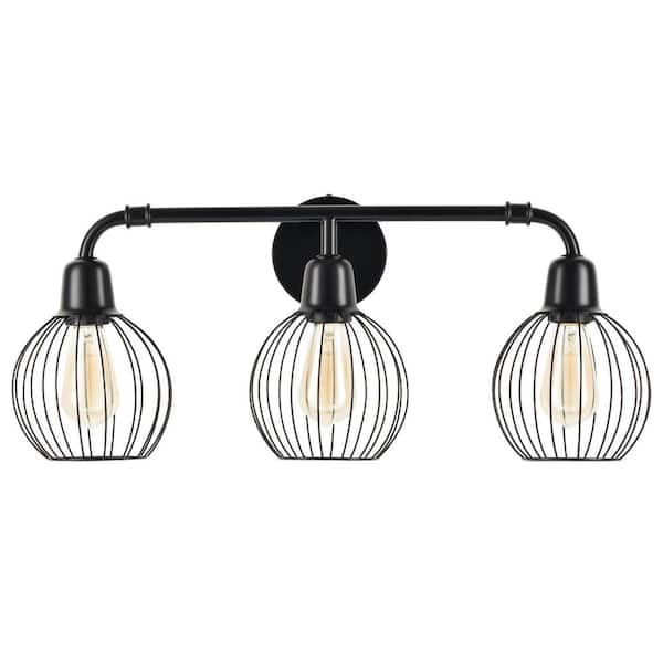 Merra 25 in. 3-Light Black Industrial Vanity Light Wall Sconce with Cage Shades