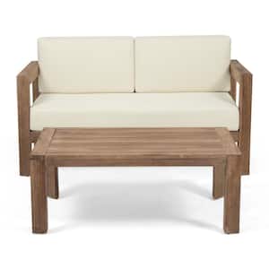 2 -Piece Acacia Wood Outdoor Loveseat with Coffee Table and Beige Cushions