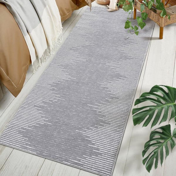 Washable Gray 2 ft. x 6 ft. Modern Striped Printed Rug Low Pile Soft Thin Carpet Stain Resistant Non-Slip Area Rug