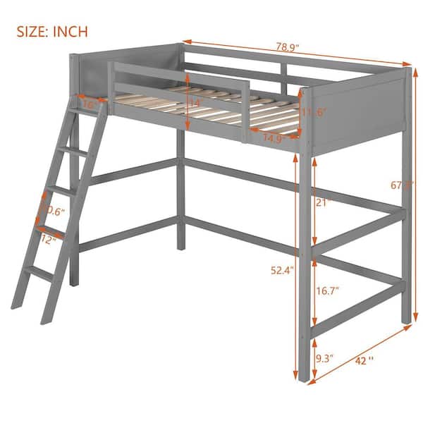 Harper & Bright Designs Gray Wood Frame Twin Size Loft Bed with