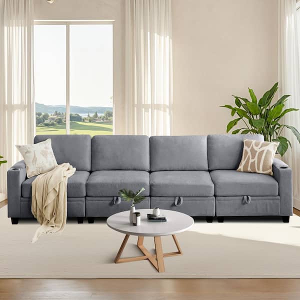 Modern 117.4 in. Chenille Grey Square Arm Straight Shape Storage Sofa with Cup Holder for Living