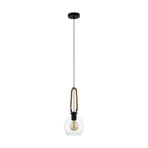 Roding 7 in. W x 8 in. H 1-light Structured Black Mini Pendant with Clear Glass Shade and Rope Accent