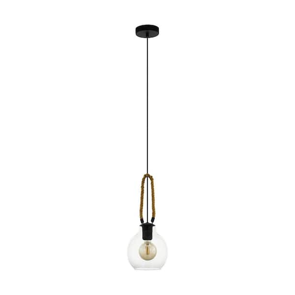 Eglo Roding 7 in. W x 8 in. H 1-light Structured Black Mini Pendant with Clear Glass Shade and Rope Accent