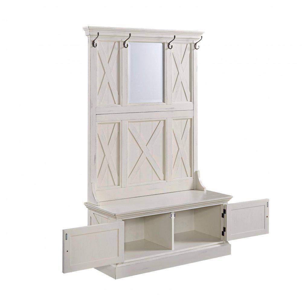 Seaside Cottage White Hall Tree with Bench and Coat Hooks