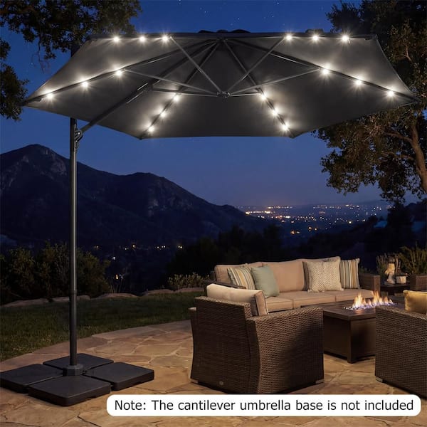 10 ft. Patio Cantilever Umbrella with Solar LED Lights, 360° Rotation, Air Vent Patio Umbrella in Gray