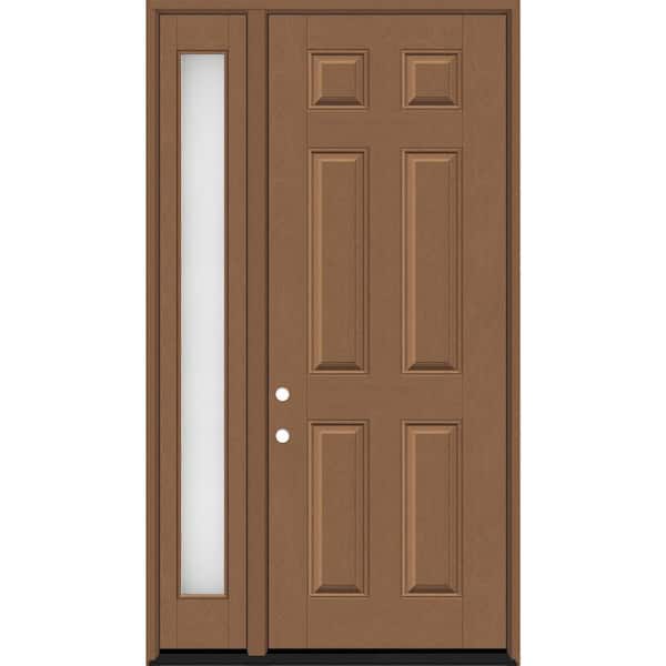 Steves & Sons Regency 53 in. x 96 in. 6 Panel RHIS Autumn Wheat Stain Mahogany Fiberglass Prehung Front Door w/Obscure 14in. SL 4-9/16