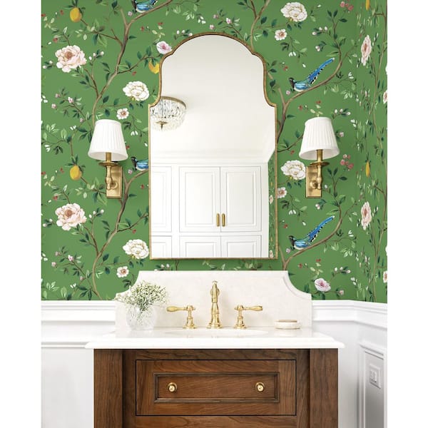 30.75 sq. ft. Green Blossom Chinoiserie Floral Premium Matte Non-Woven Paper Peel and Stick Wallpaper Roll