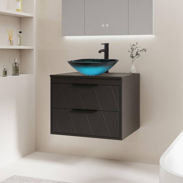 30 in. W x 20.5 in. D x 18.7 in. H Single Sink Bath Vanity in Black with Turquoise Glass Vessel Sink Top ORB Faucet Set