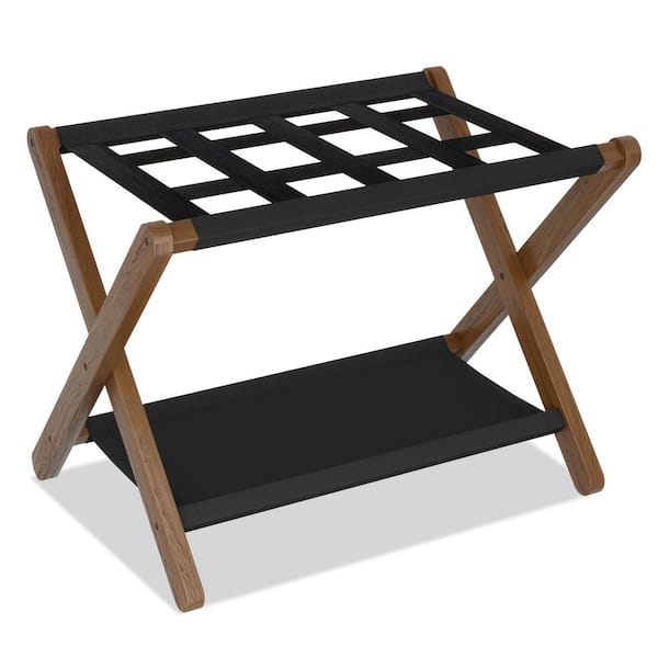 Heavy-Duty Walnut Folding Luggage Rack with Storage Shelf for Guest Room Bedroom Hotel, Holds up to 165 lb.