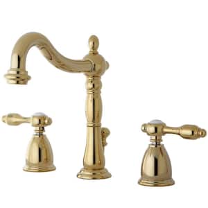 Tudor 8 in. Widespread 2-Handle Bathroom Faucets with Brass Pop-Up in Polished Brass