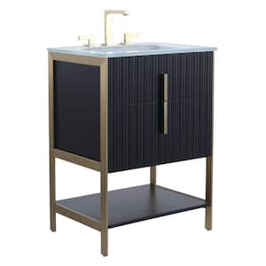 24 in. W x 18 in. D x 33.5 in. H Bath Vanity in Black Matte with Glass Single Sink Top in White with Brass Hardware