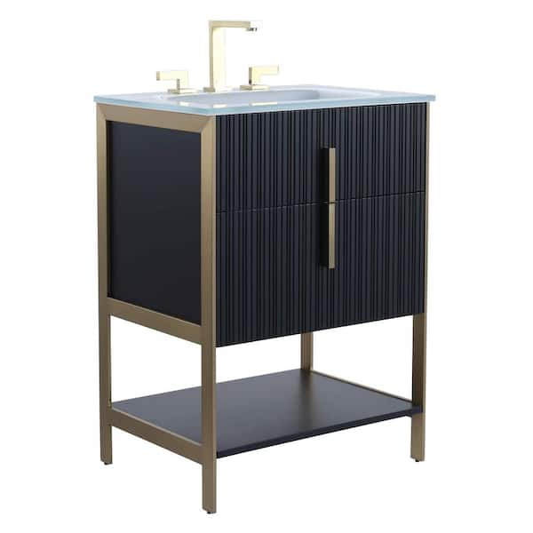 FINE FIXTURES 24 in. W x 18 in. D x 33.5 in. H Bath Vanity in Black Matte with Glass Single Sink Top in White with Brass Hardware
