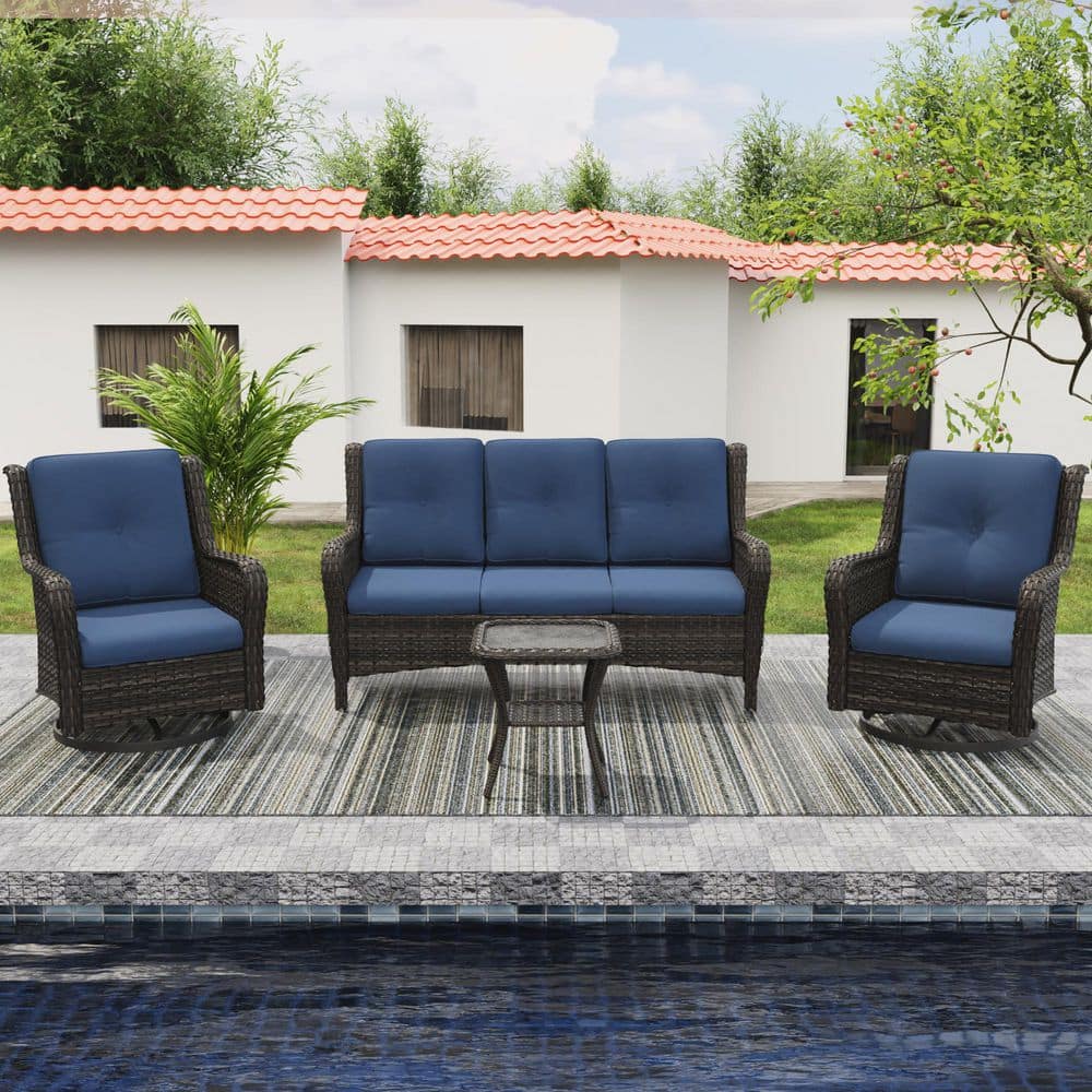 4-Piece Dark Brown Wicker Outdoor Couch Patio Sofa with Swivel Rocking Chairs and Blue Cushions price history on PriceWatchPro
