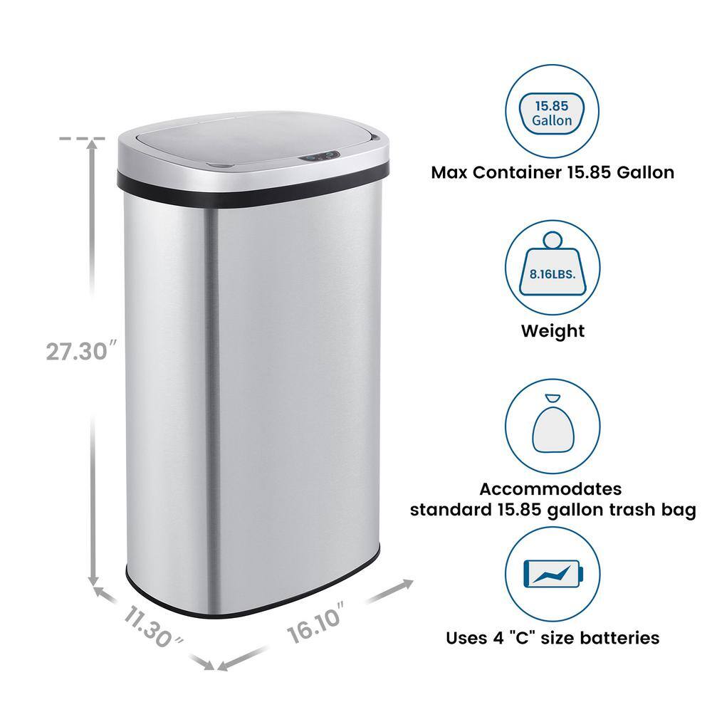 Innovaze 15.85 Gallon Silver Stainless Steel Motion Sensor Trash Can