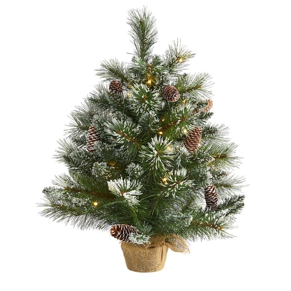 Nearly Natural 2 ft. Battery Operated Pre-Lit Frosted Pine Artificial Christmas Tree with 35 Clear LED Lights, Pinecones, Burlap Base