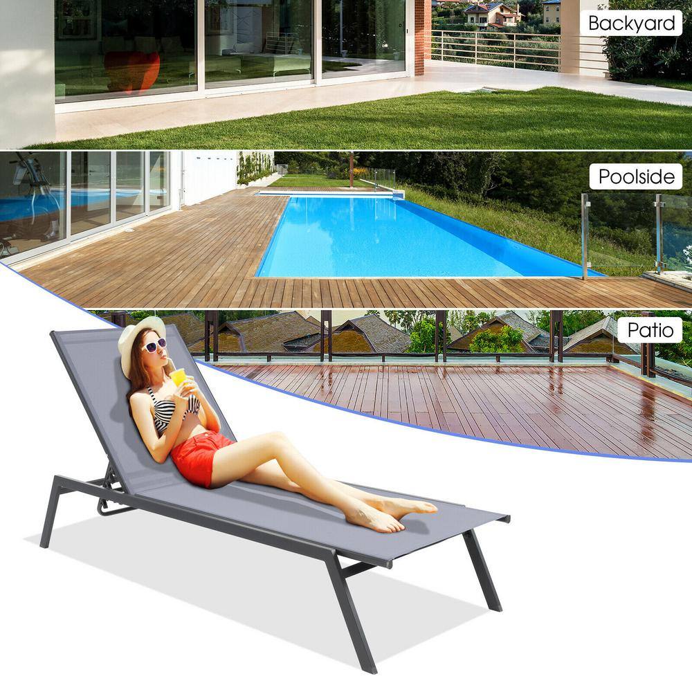 Gray Steel Outdoor Adjustable Lounge Chair with Armrests