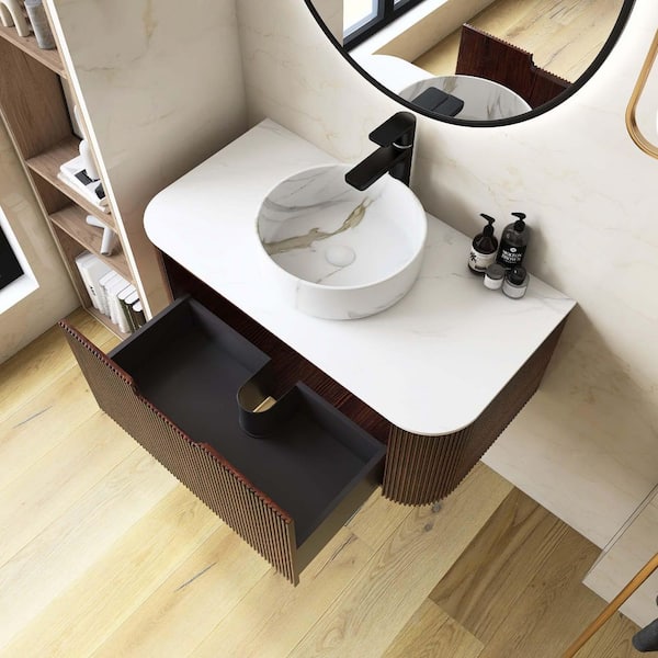 Yingze 36 in. Wall Mounted Single Sink Dark Walnut Bath Vanity