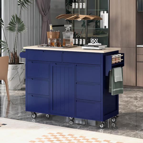 FAMYYT Rolling Blue Rubber Wood Tabletop 53 in. Serving Kitchen Island Cart with Handle-Free Drawers
