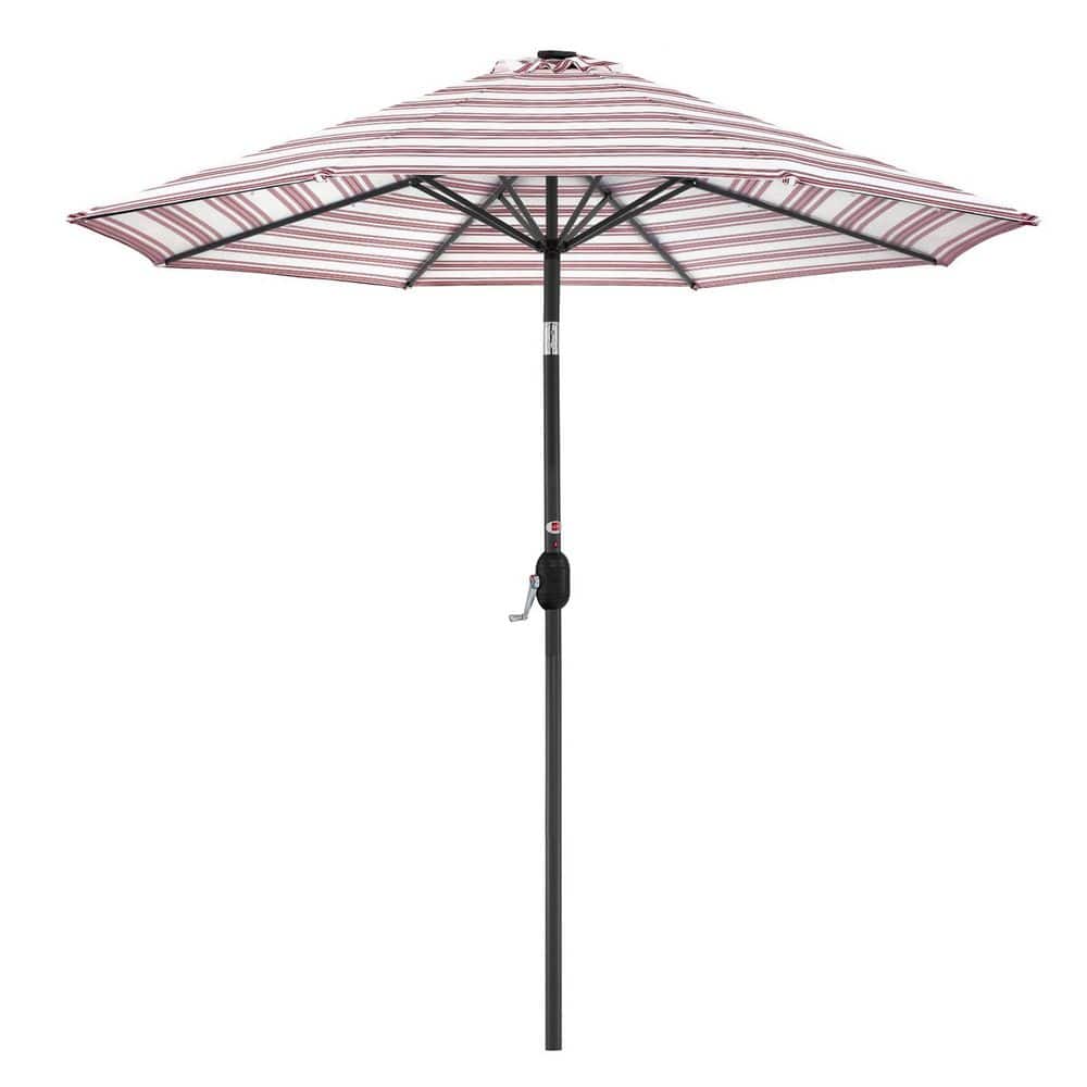10 ft. Steel Market Solar Patio Umbrella in Striped Burgundy with Push Butt