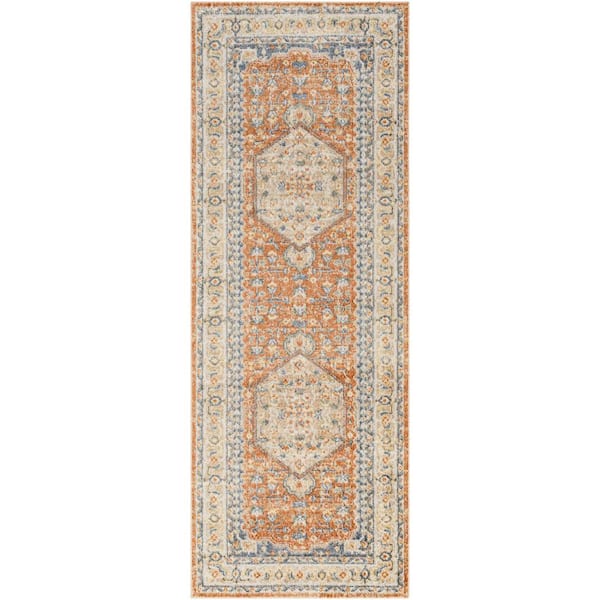 Livabliss Lillian Sky Blue/Light Brown 3 ft. x 7 ft. Machine-Washable Medallion Indoor Runner Area Rug
