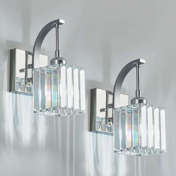 Home Lighting Fixture Width 4.72 in. 1-Light Chrome Square Crystal Modern Vanity Lights Wall Lamp for Bathroom, 2-Pack