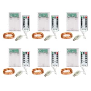 30-Light 10 ft. USB or Battery Operated Mini LED Indoor Copper Warm White Fairy String Light w/Remote & 8 Clips (6-Pack)
