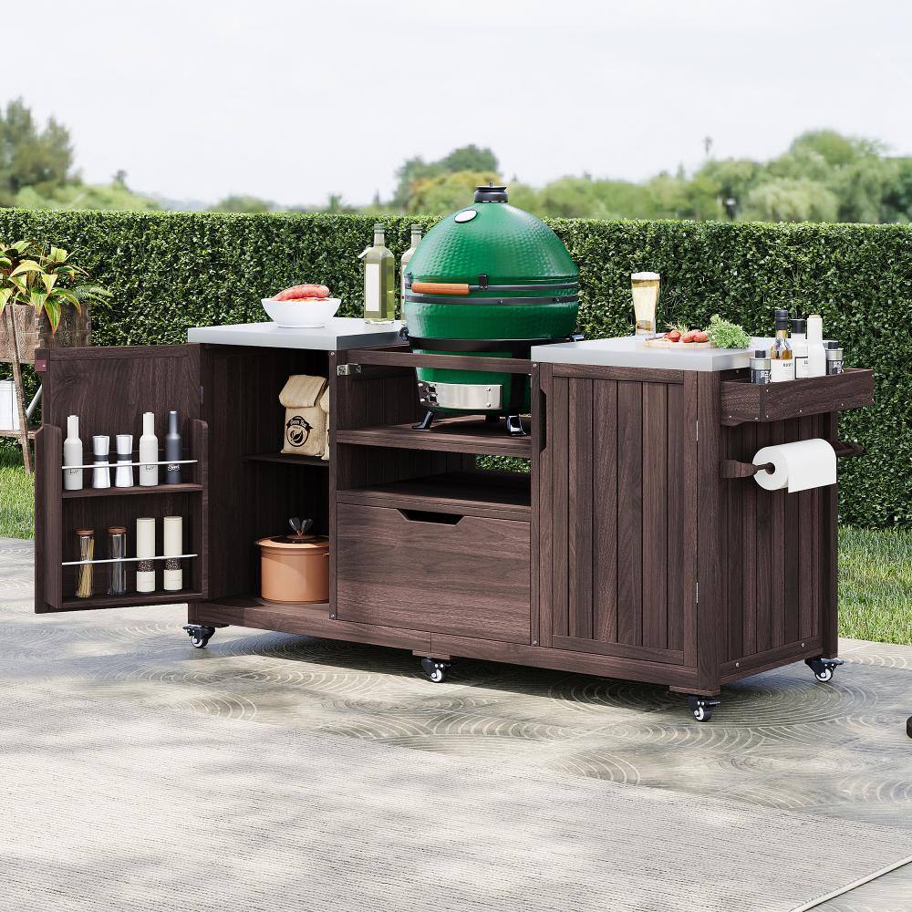 66.5 in. Dark Brown Solid Wood Outdoor Grill Cart for Tabletop Grill with Stainless Steel Top, Drawer price history on PriceWatchPro