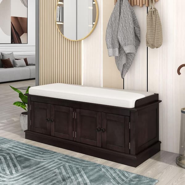 GOSALMON Espresso Storage Bench w/ 4-Doors & Adjustable Shelves Shoe Bench Removable Cushion 17.4 in. H x 42.7 in. W x 16 in. D