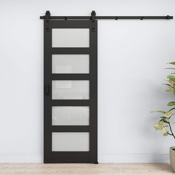 30 in. x 80 in. 5 Lite Tempered Frosted Glass Black Finished MDF Composite Sliding Barn Door with Hardware Kit