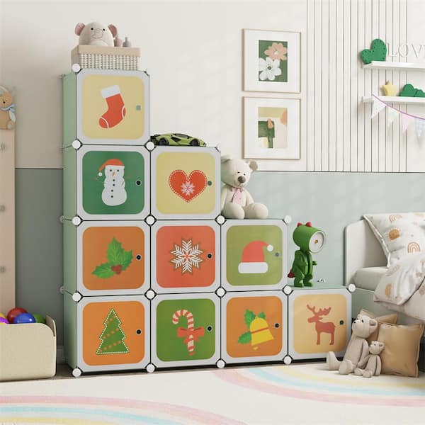 Green Plastic 43 in. 12-Cube Kids Wardrobe Baby Dresser Bedroom Armoire Clothes Hanging Closet with Doors