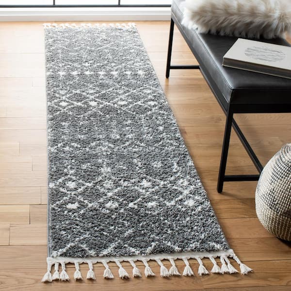 Berber Fringe Shag 2 ft. x 10 ft. Gray/Ivory Diamond Striped Ikat Runner Rug