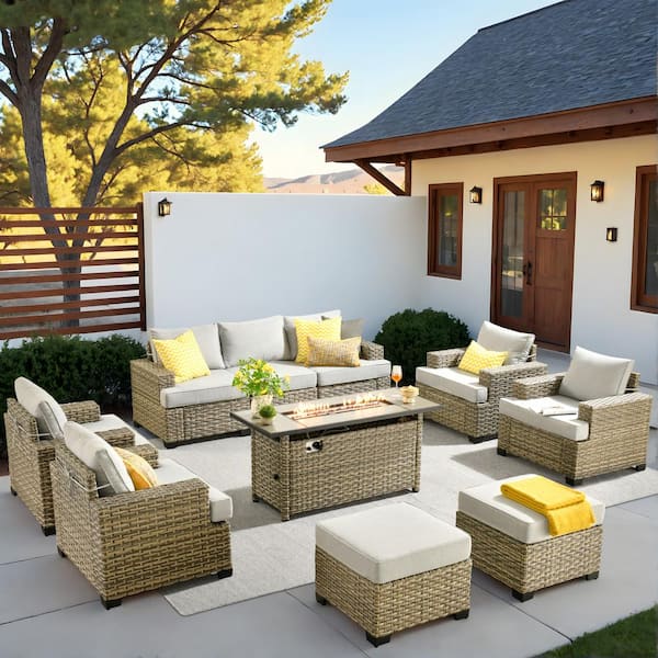 Kelleys 10-Piece Wicker Modern Outdoor Patio Furniture Conversation Sofa Set with a Fire Pit and Light Grey Cushions