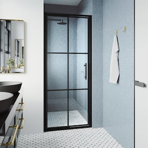 Astoria 30 in. W x 76 in. H Space Saving Framed Pivot Shower Door in Matte Black with Grid Clear Glass