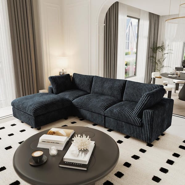 Magic Home 118 in. Square Arm Faux Rabbit Fur Velvet 4-Piece Free Combination Cloud Modular Sectional Sofa with Ottoman in Black