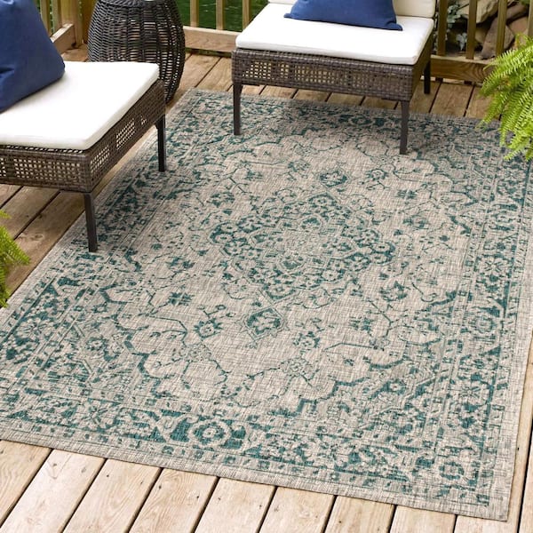 JONATHAN Y Rozetta Boho Medallion Gray/Teal 5 ft. 3 in. x 7 ft. 7 in. Textured Weave Indoor/Outdoor Area Rug
