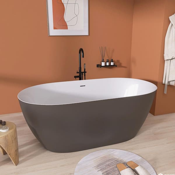 Zeafive 59 in. x 29.5 in. Acrylic Free-Standing Tub Flatbottom Soaking Freestanding Bathtub with Removable Drain in Matte Gray