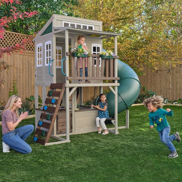 DIY Cozy Escape Outdoor Wooden Playhouse with Tube Slide, Rock Wall, 2 Stories Play Decks, Balcony, and Play Kitchen