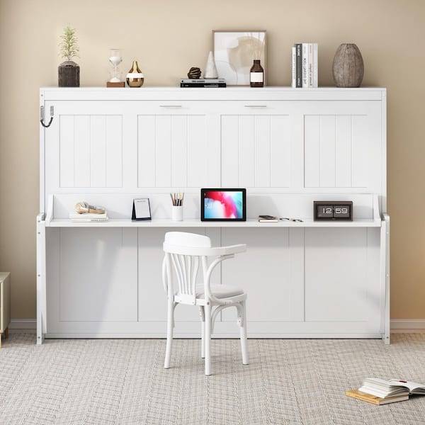 White Wood Frame Queen Size Murphy Bed with a Storage Shelf